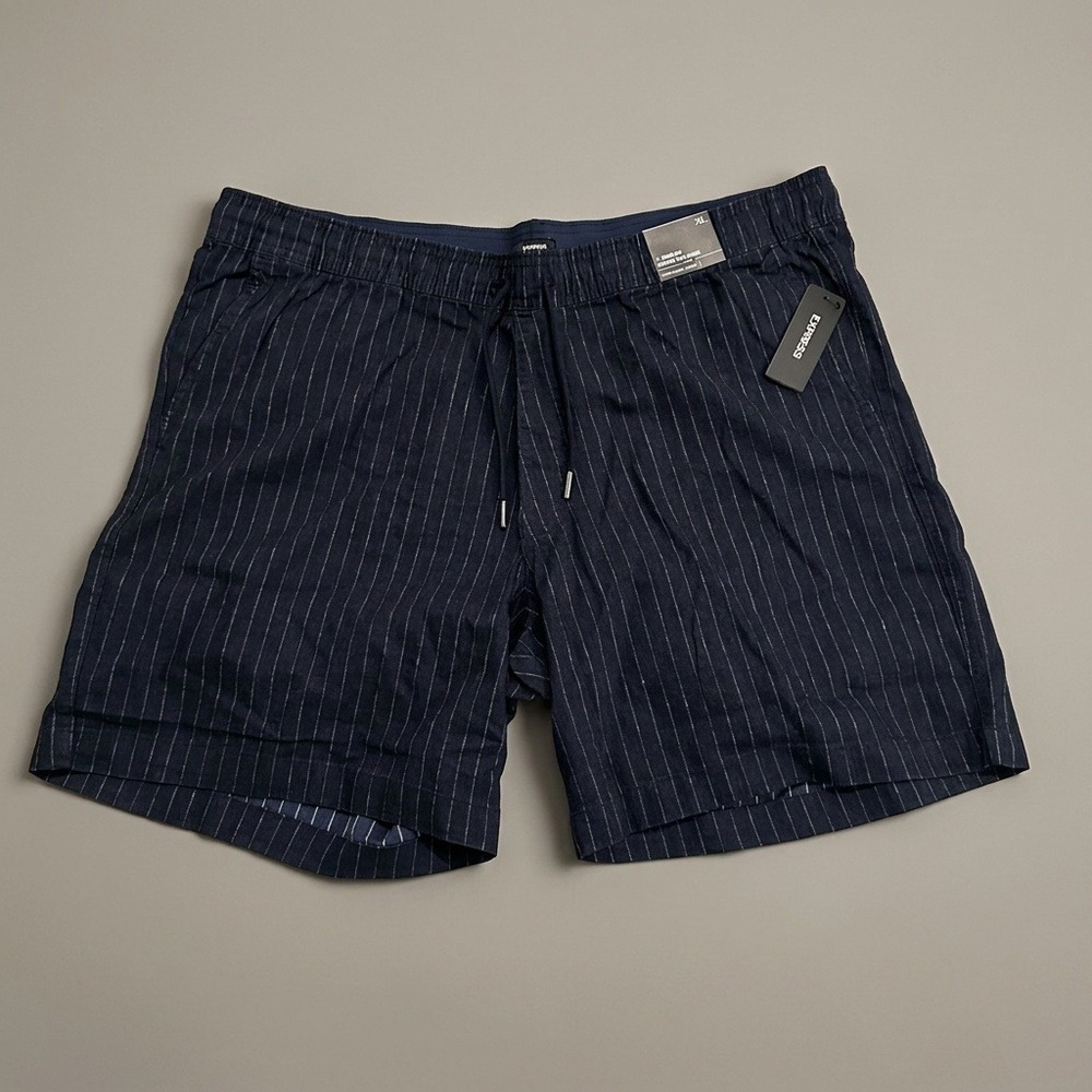 NWT Express Men's Shorts XL Navy Pinstripe Linen Blend 7" Inseam Drawstring